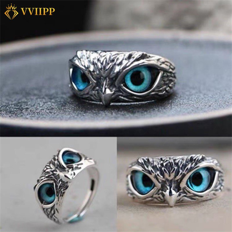 Cincin Desain Mata Iblis Burung Hantu Warna Biru Untuk Pria Dan Wanita