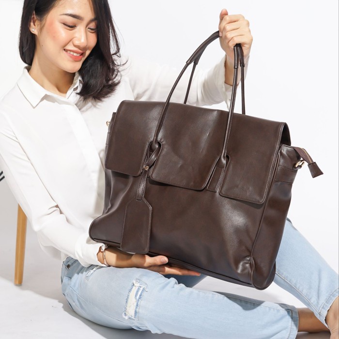 Tas Selempang tas laptop 14 inch wanita | BASIC TOTE BAG | tas laptop kulit - Cokelat Tua ransel ker