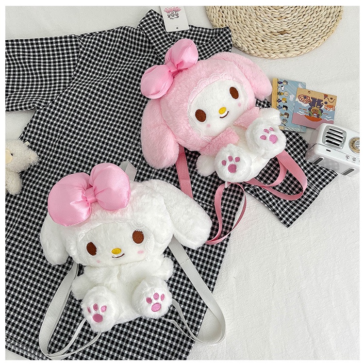 Ransel BULU Mainan Mewah Anime Sanrioed Kartun My Melody Kawaii Lucu Lolita Boneka Plushie Tas Penyimpanan Boneka Lembut Hadiah Ulang Tahun Anak Perempuan