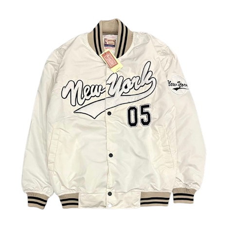 NEW YORK JAKET BOMBER VARSITY WHITE SU SATIN PREMIUM VINTAGE BASKET NY