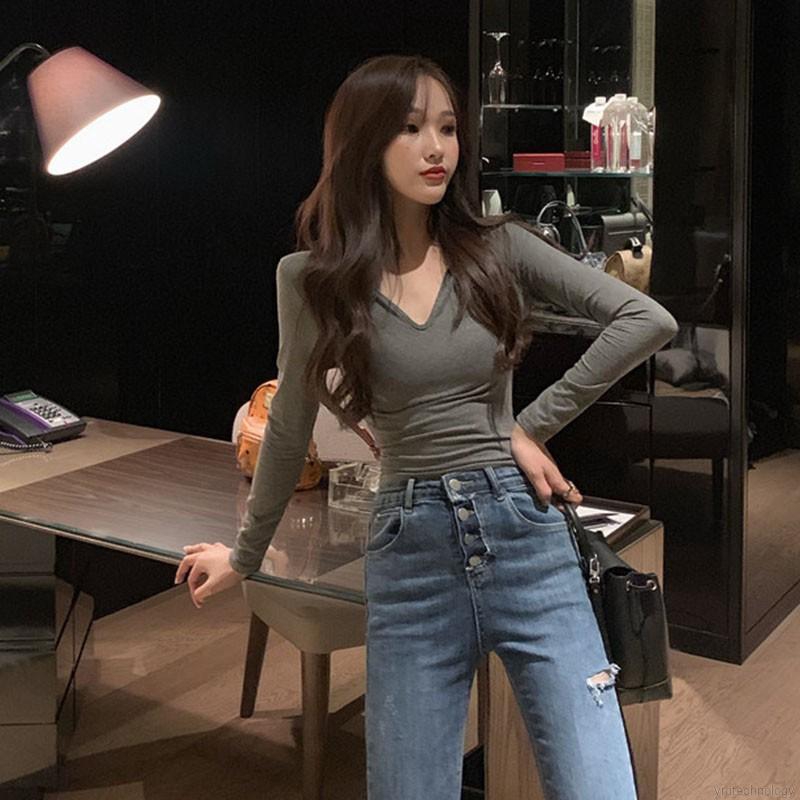  Kaos  T Shirt V  Neck  Berhoodie Lengan  Panjang  Warna Polos  