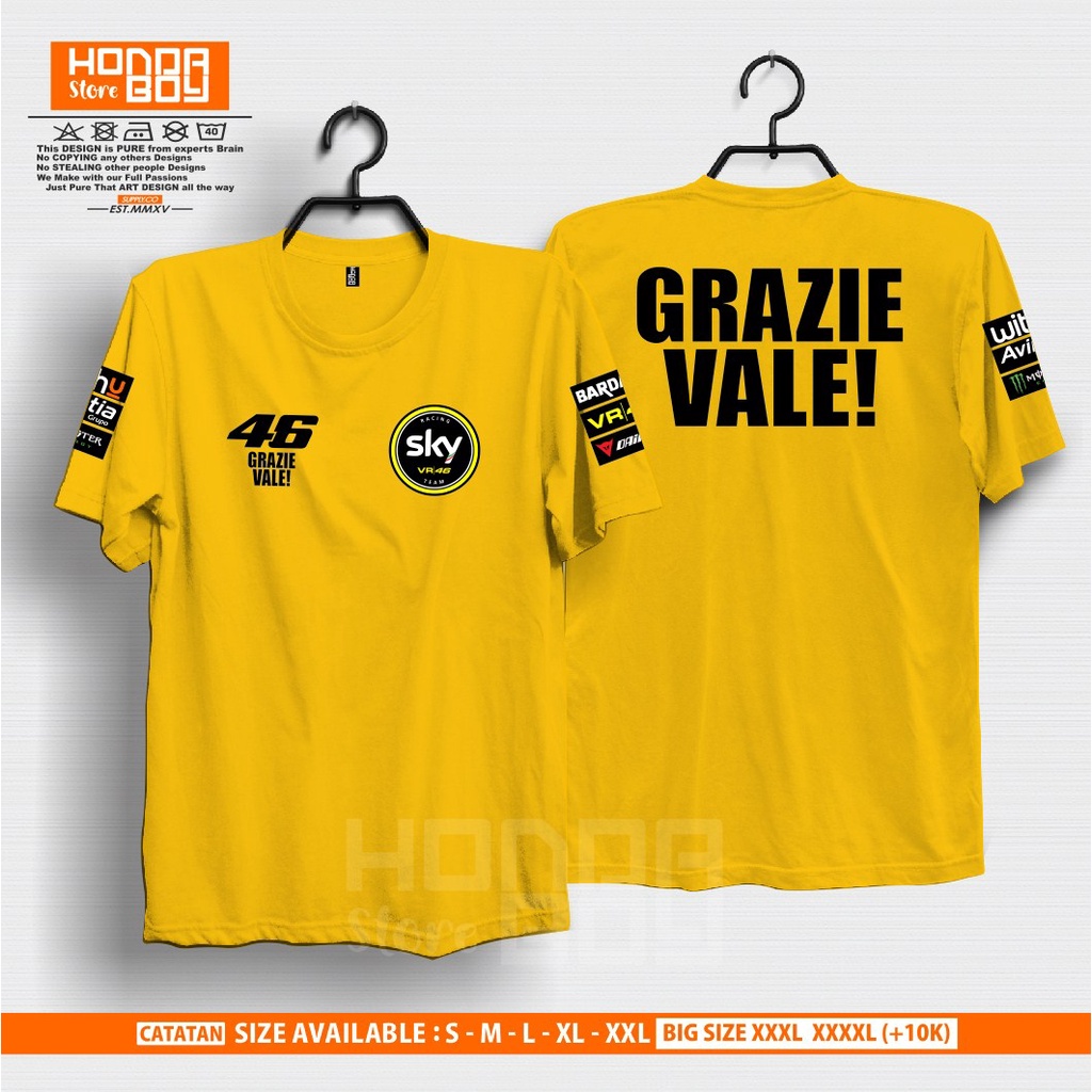 Kaos Baju Distro VALENTINO ROSSI LAST RACE GRAZIE VALE VR 46 EKSLUSIF SKY RACING TEAM YELLOW Terlari
