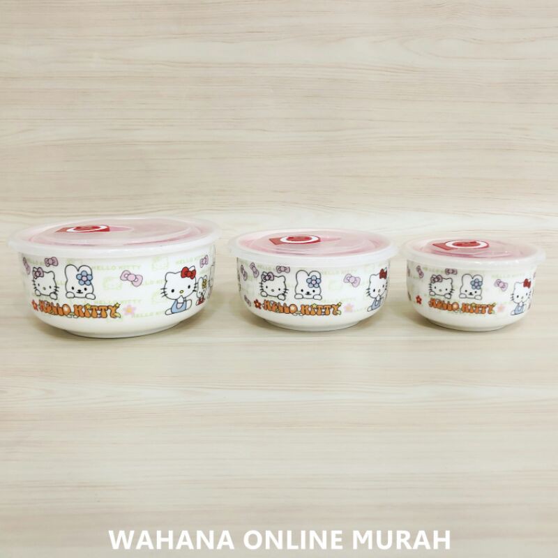 Mangkok Keramik Set Motif Hello Kitty Tutup