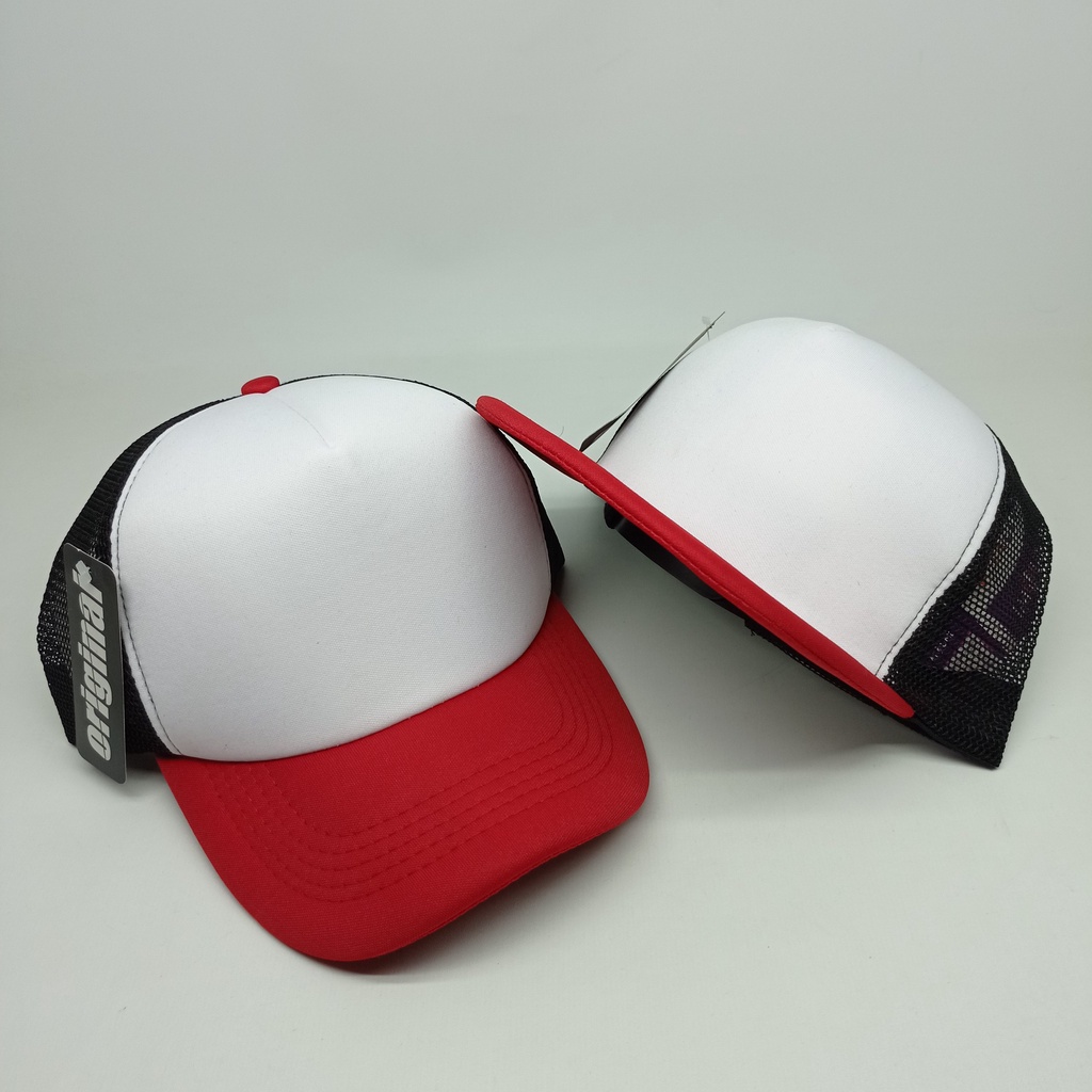 Topi Jaring Trucker Merah-Putih-Hitam Polos Dewasa Premium