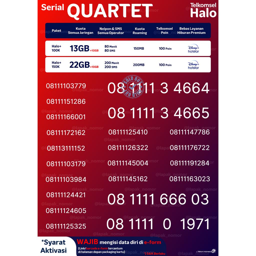 NOMOR CANTIK KEMBAR QUARTET TELKOMSEL HALO FREE KUOTA UP TO 32GB & NELPON + SMS ALL OPERATOR + LAYAN