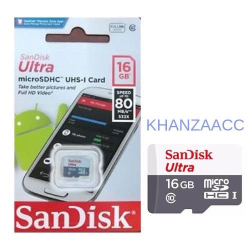 KHANZAACC Kartu Memori Hp Micro SD SANDISK ULTRA 16GB CLASS 10 Speed Up to 80MB/S Original Bergaransi Resmi