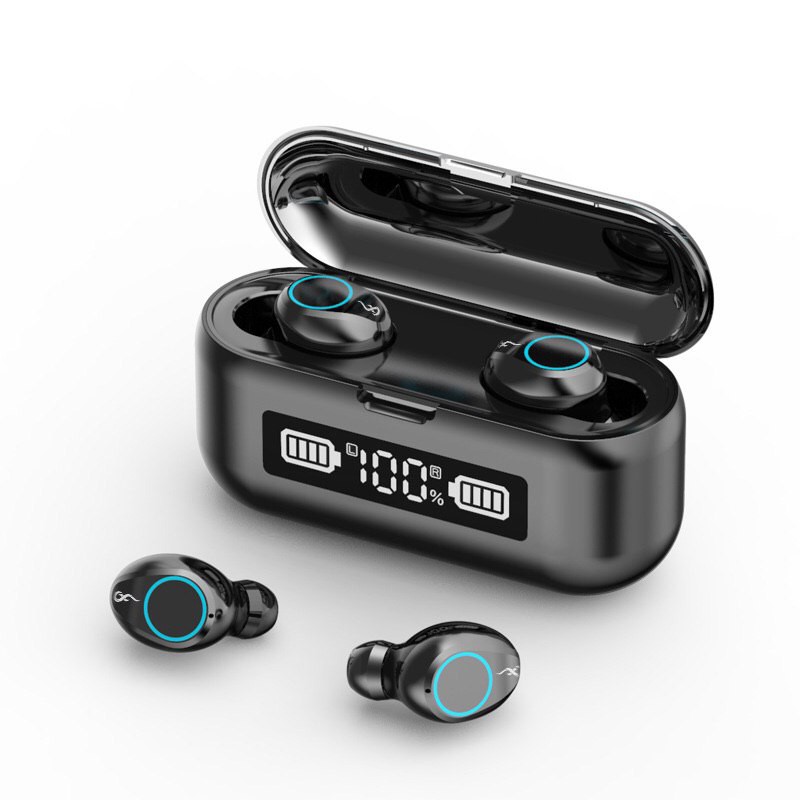 Q32 / F9 LED TWS Bluetooth Headset EDR Wireless Stereo Earbuds With Powerbank For IOS dan Android-F9-02 BLACK TOUCH