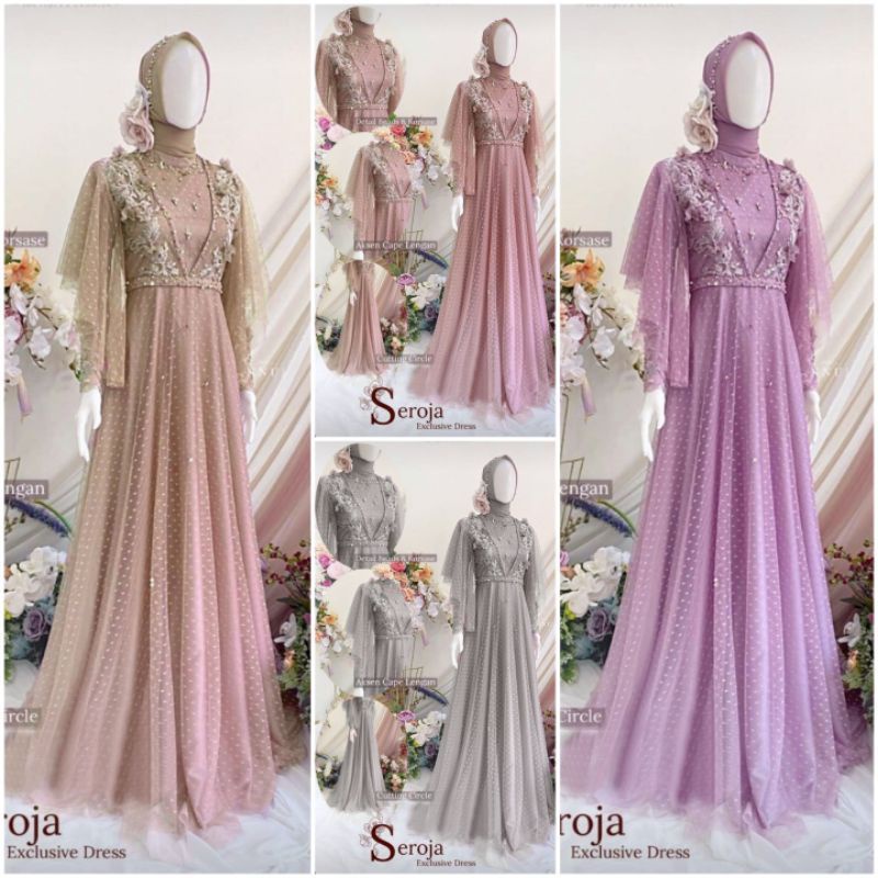 dress pesta tile dot gamis brokat polka baju muslim pesta brukat tile mutiara slempang lengan balon 