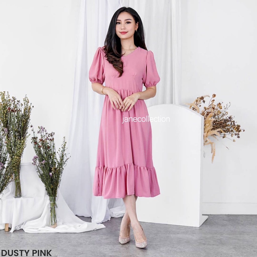 JANE COLLECTION || Midi Dress Wanita Hitam Lengan Balon Ada Karet Panjang Selutut V Neck XL Mila Layer Dress Putih Sage Green Biru Pink