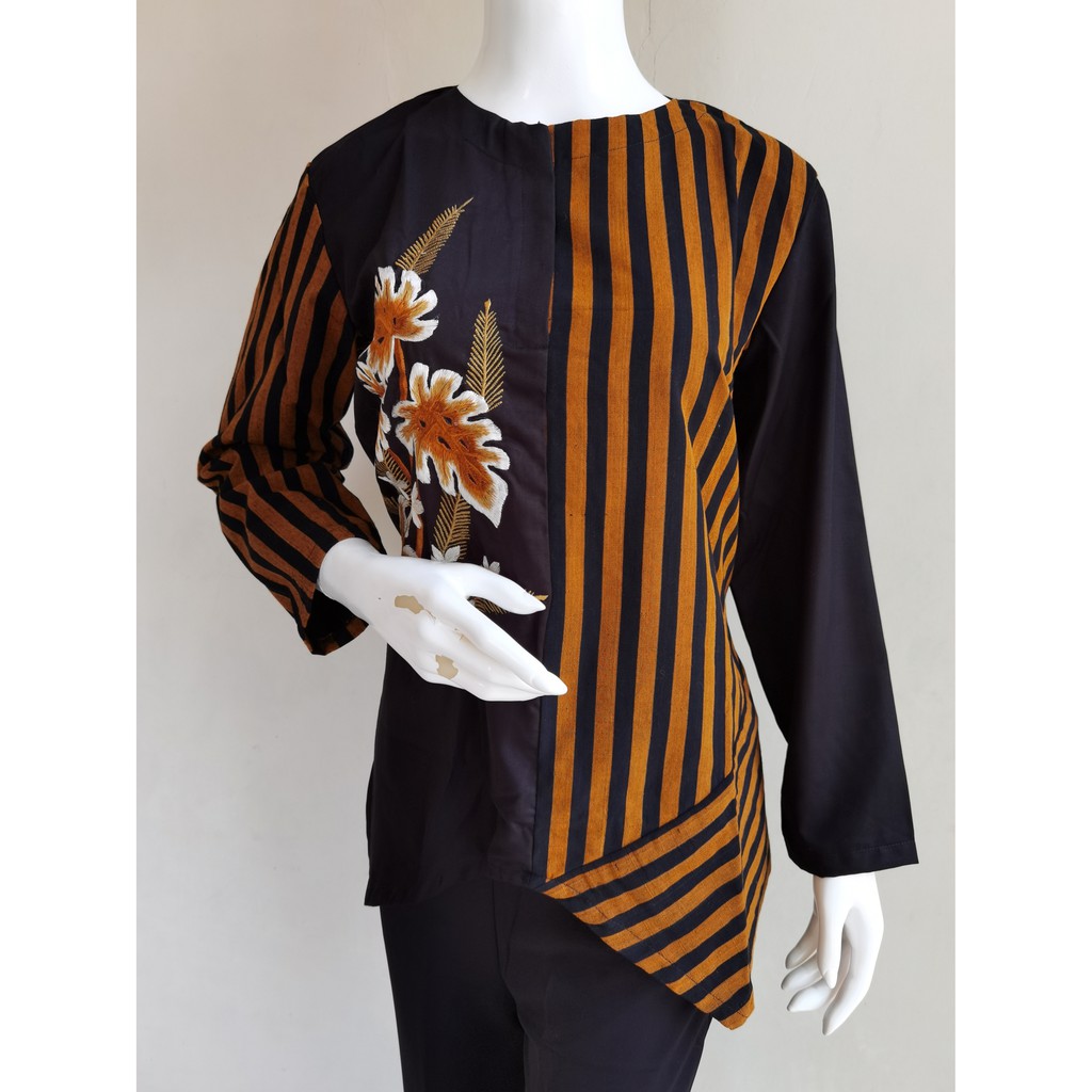 Atasan Wanita Blouse Lurik Bordir Bunga