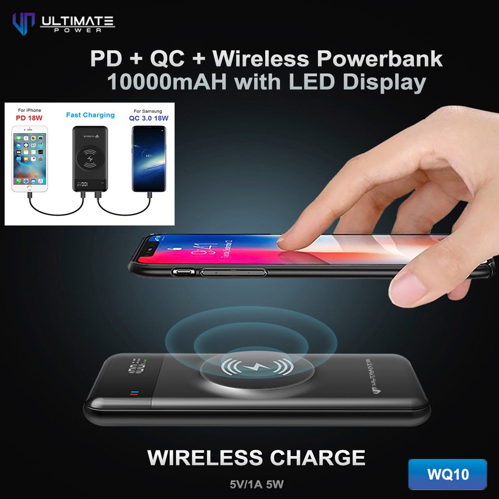 Powerbank 10000mAh Ultimate Power Wireless PD + QC with LED Display WQ10 Garansi resmi ulimate