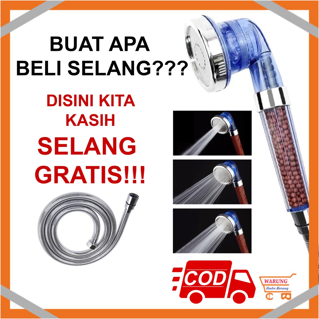 COD Kepala Shower Kamar Mandi Filter Ion Hemat Air Deras Warna Biru Gratis Selang 140Cm