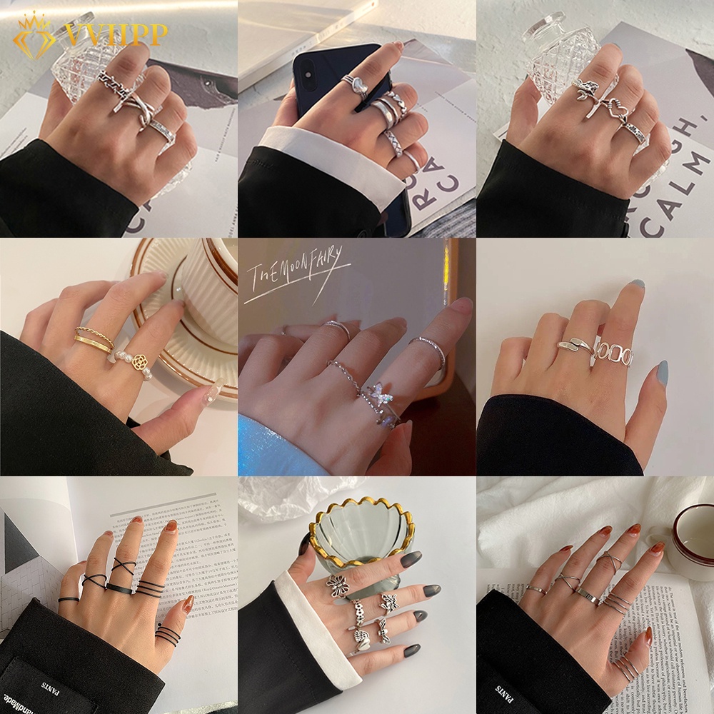 5pcs / Set Cincin Model Terbuka Bahan Metal Desain Wajah Tersenyum / Butterfly Warna Silver Untuk Wanita