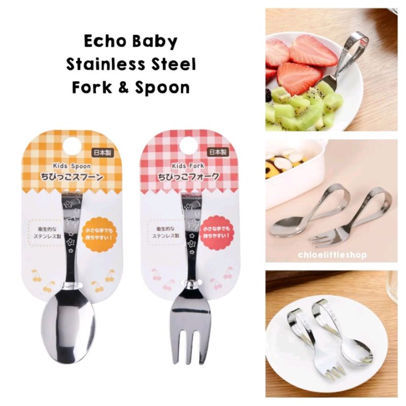 Echo Baby Stainless Steel Fork &amp; Spoon (Japan) / Sendok Garpu BLW Baby Led Weaning