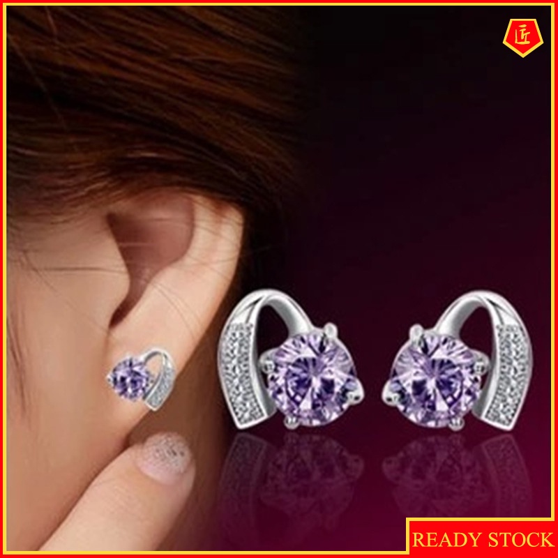 [Ready Stock]Silver Purple Diamond Elegant Graceful Earrings