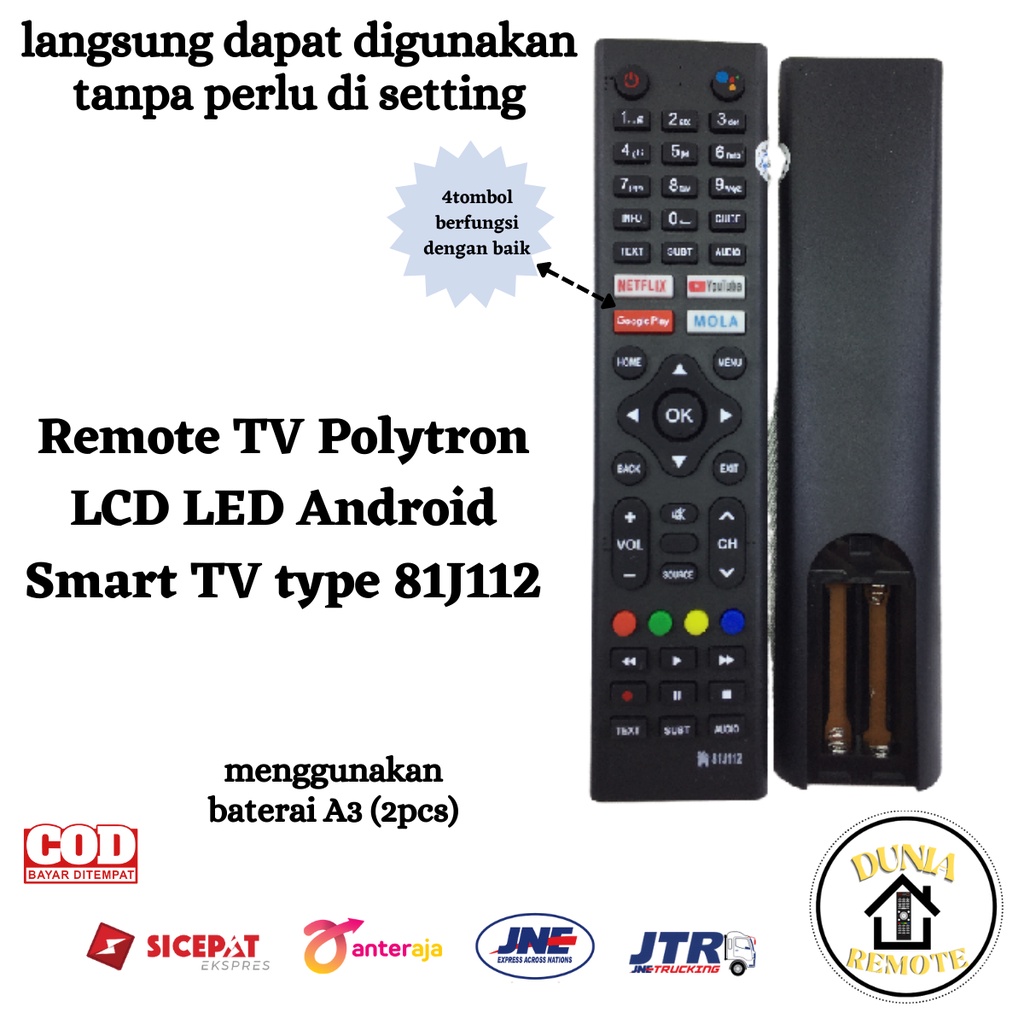 Remot Remote Tv POLYTRON  LCD LED Smart TV ANDROID 81J112 tanpa setting