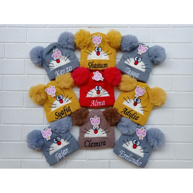 Topi Bayi Doraemon Pompom Import bordir nama