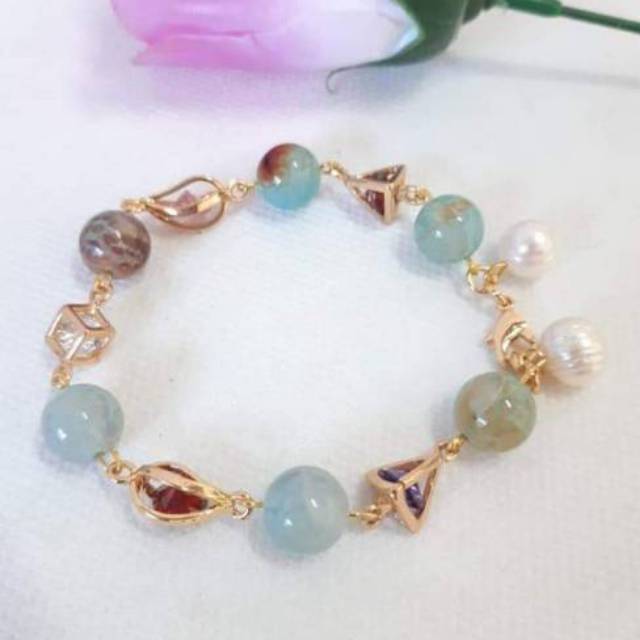 Gelang mutiara air tawar lombok asli dengan batu giok rangka rodhium lapis emas gratis bros cantik