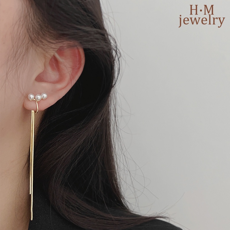 Anting Gantung Panjang Model Rumbai Aksen Mutiara Simpel Untuk Wanita