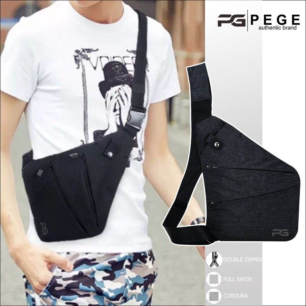 Tas Selempang Bahu PEGE Slingbag Crossbody Pria Korea Style Model Trendy Casual Bahan Tebal Warna Polos Hitam - PG 8912