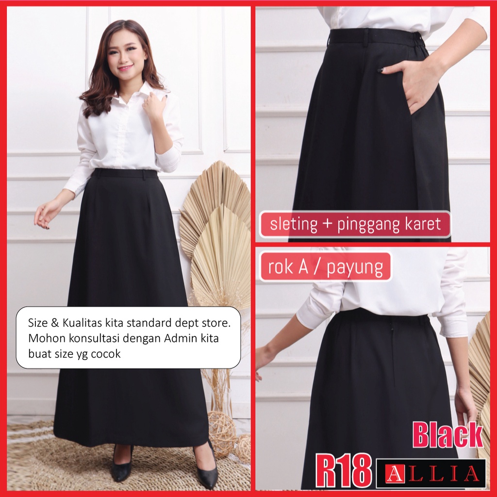 ALLIA R18 - Black M - 7L - Rok A Wanita - Rok Panjang Wanita - Rok kerja wanita - ROK HITAM