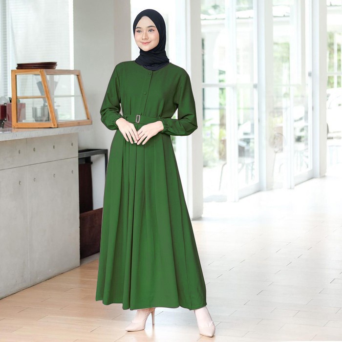 Baju Gamis Wanita Muslim Terbaru Sandira Dress cantik Murah kekinian GMS01-HIJAU BOTOL