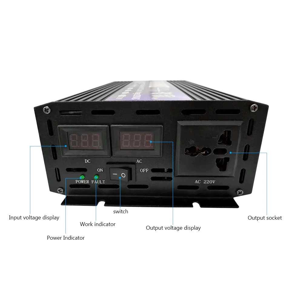 SUNYIMA Pure Sine Wave Car Power Inverter DC 12V to AC 220V 3000W-Hitam