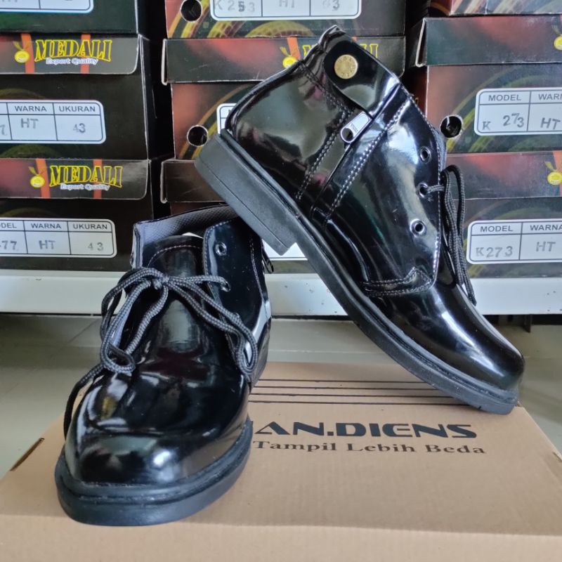 MANDIENS - Sepatu Formal Pria / Pdh Polisi TNI Dishub Security Sepatu Pdh Kulit Kilap Kilat Original - Sepatu Pantofel Pdh Polri Polisi TNI Security Satpam Sol Datar Tebal Resleting Tanpa Tali Hitam Kilap untuk Dinas Harian Pantofel Cowok Formal Kerja