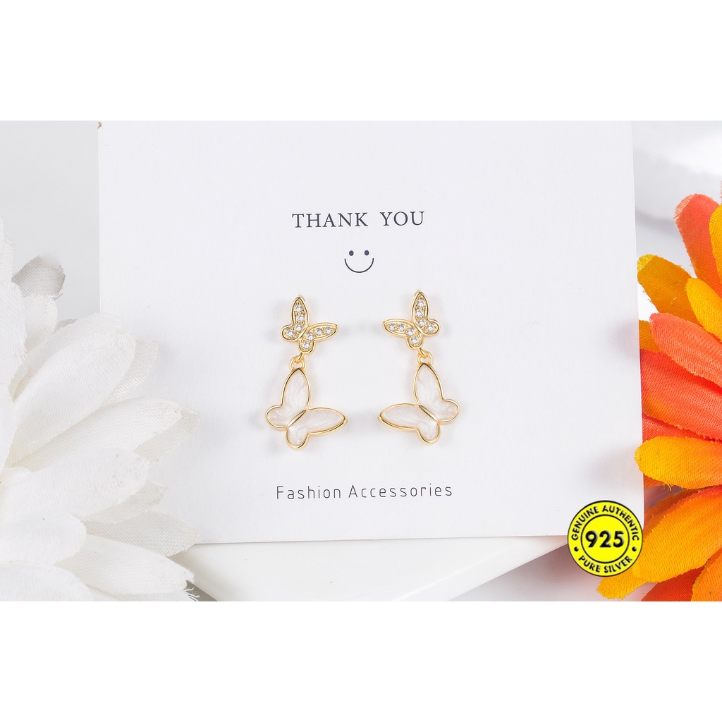 Anting Tusuk Sterling Silver 925 Desain Kupu-Kupu Hias Berlian Imitasi Untuk Wanita Butterfly