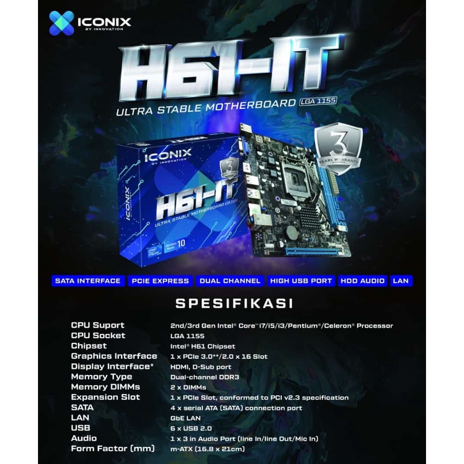 MOTHERBOARD ICONIX H61 IT [ SOCKET LGA 1155, H61, DDR3, ,USB2.0, HDMI]