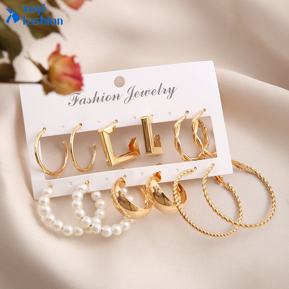 6 Pasang / Set Anting Hoop Bentuk Persegi Aksen Mutiara Warna Emas Untuk Wanita