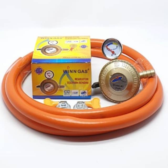 KOMPLIT Winn Gas W-199M METER + Selang Orange 2M + 2 Klem Kuping / Regulator Gas + Selang Gas