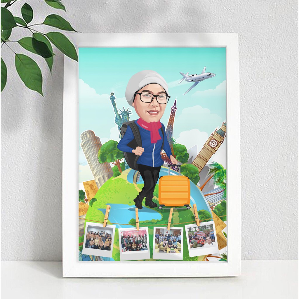 Karikatur Ilustrasi 1 Wajah dengan Cetak + Bingkai  A4 Unik Lucu Murah-Bingkai Putih