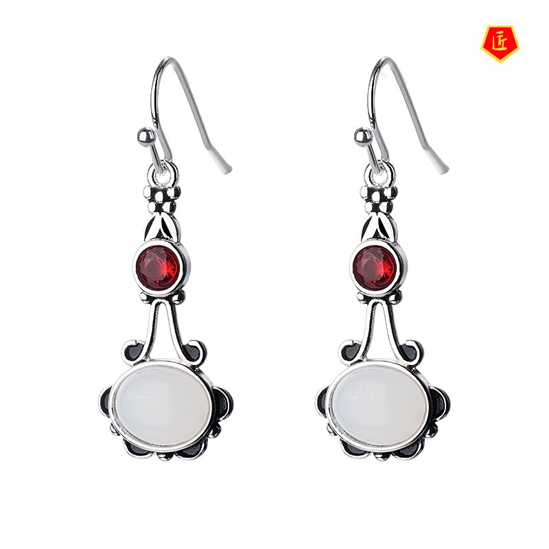 [Ready Stock]White Moonstone Earrings Long Retro Dignified