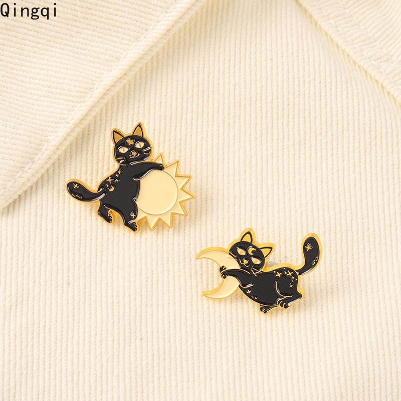 Bros Pin Enamel Bentuk Kucing Hitam Bulan Bintang Untuk Pakaian