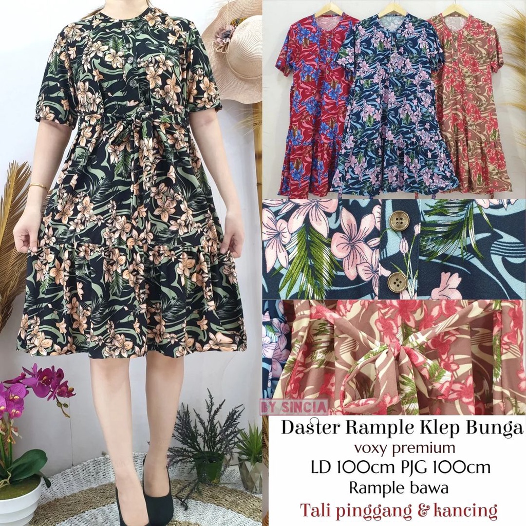 Daster rempel kancing motif bunga sepatu tali pinggang bahan voxy premium merk sincia