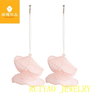 Anting Rumbai Panjang Desain Bunga Bahan Kain Aksen Mutiara Berlian