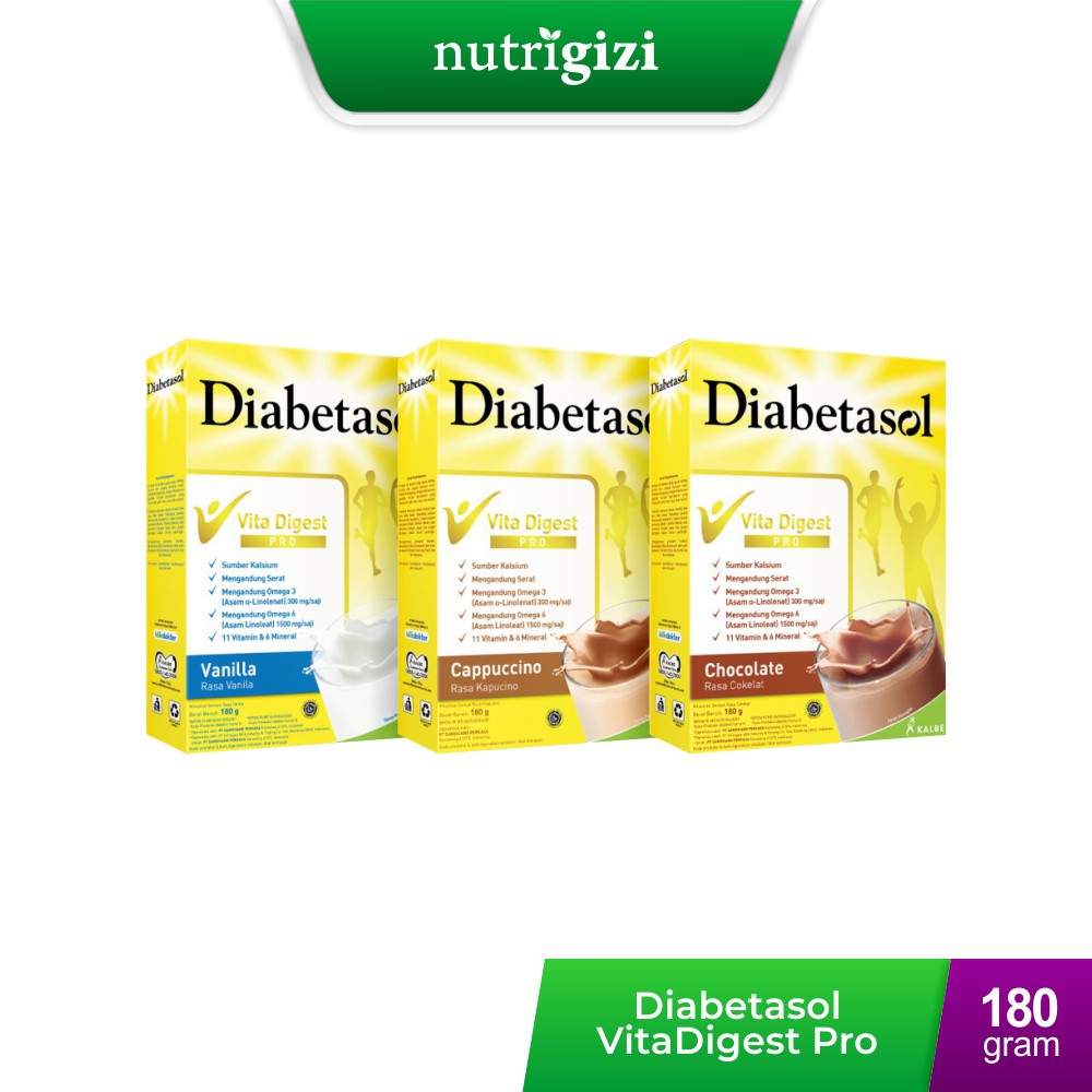 

Nutrigizi | Diabetasol Vita-Digest Pro 180 / 170 gram Susu untuk Diabetes Tinggi Kalsium Protein