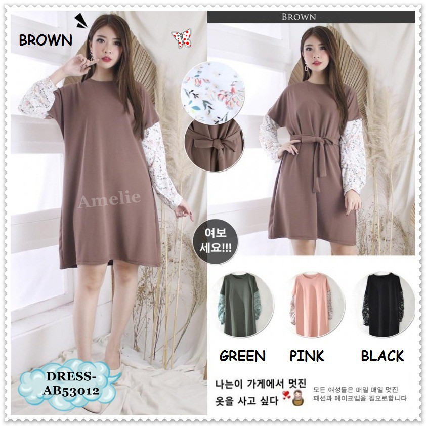 [baju wanita korea]  Mini Dress Lengan Panjang Wanita Korea Import Pink Hitam