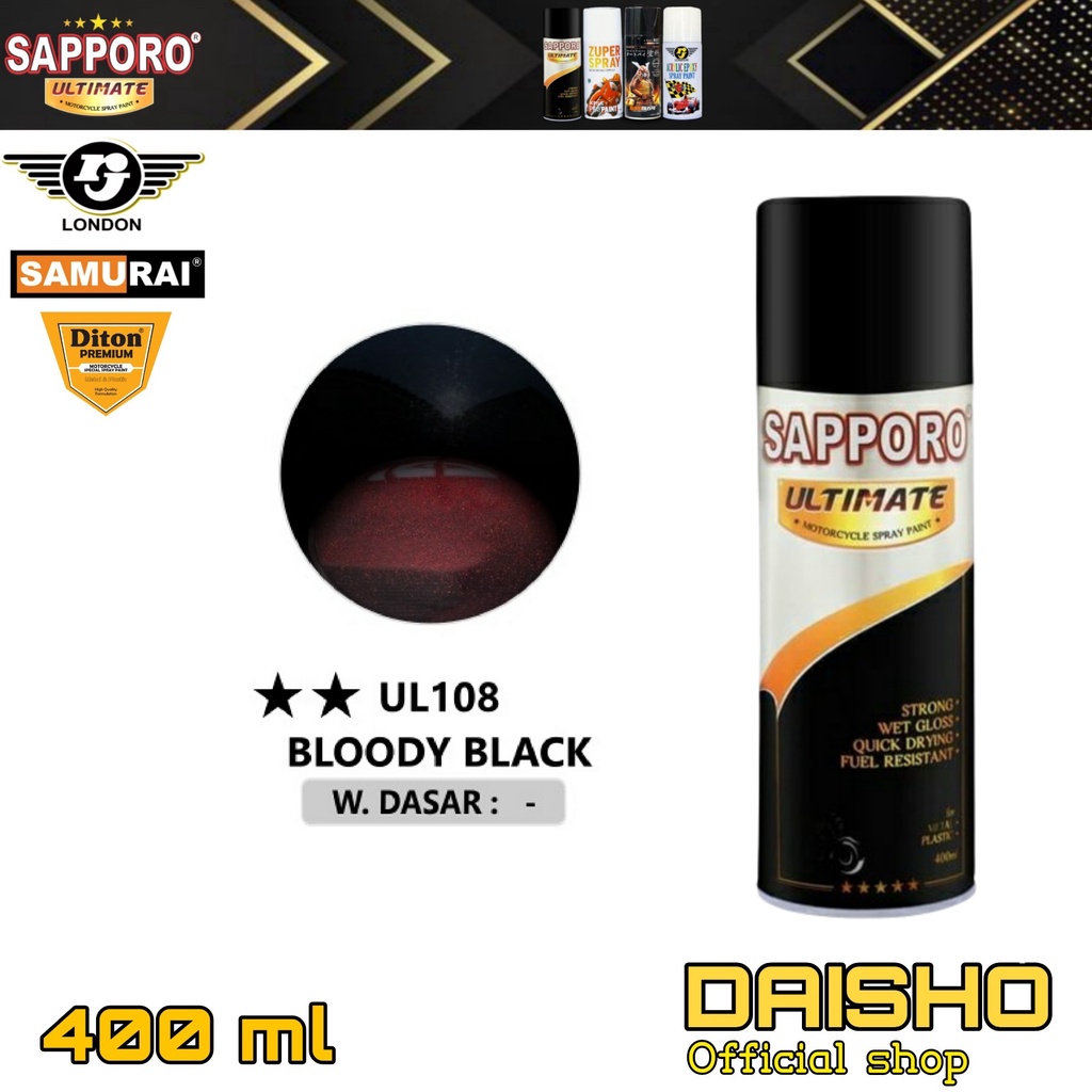 SAPPORO ULTIMATE UL108** BLOODY BLACK ( HITAM KEMERAHAN ) 400ml CAT SEMPROT SPRAY PAINT PILOX PILOK