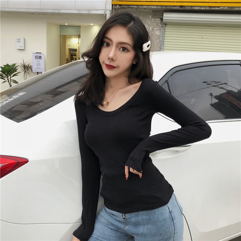 Warna SolidTSlim Fit Leher Bulat Rendah T-shirt Lengan Panjang Inner Wear Sexy Off Bahu Kemeja Top