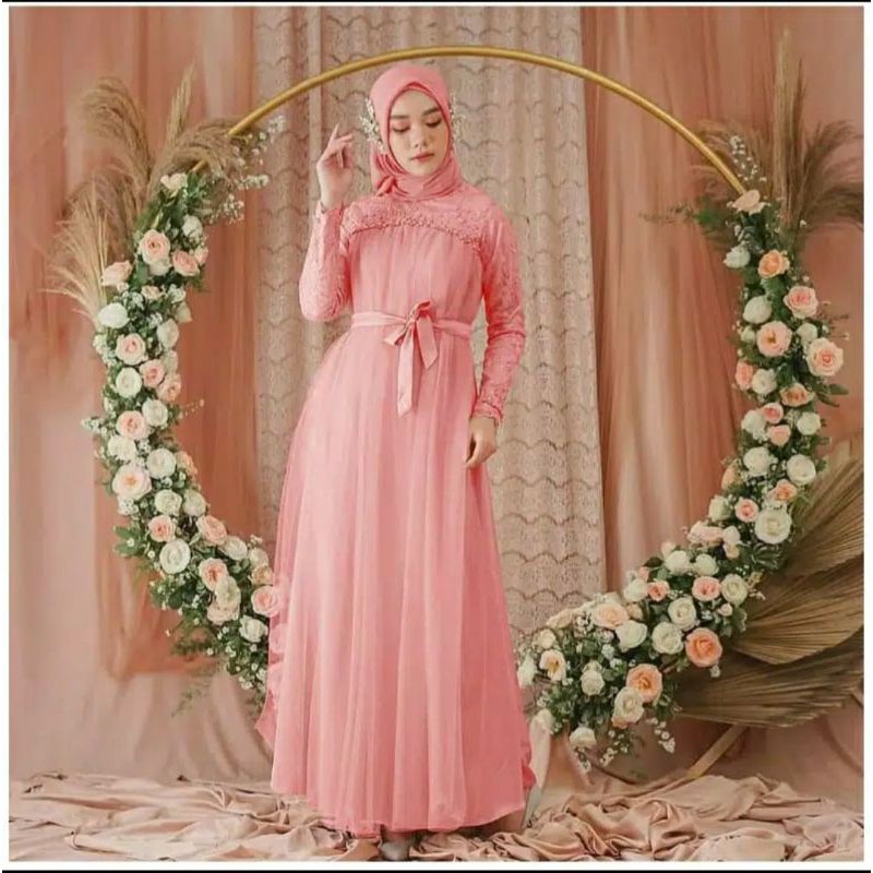 Alesha Fidella Maxi Dress  M - L - XL - XXL /  Gamis Kondangan / Gamis Bridesmaid/ Velvet Tebal Mix Brukat-Baby pink