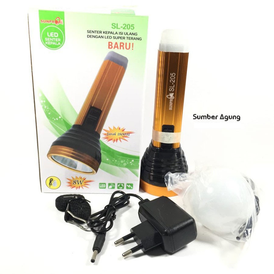 Senter Sunpro SL205 8W 8 Watt Jarak 1800M Bonus Lampu LED Tahan Air