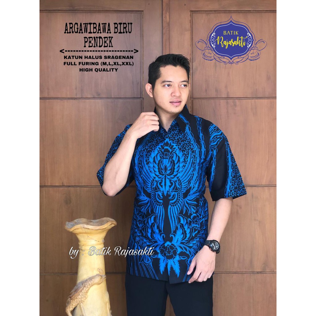 ARGAWIBAWA BIRU PENDEK Atasan Baju Kemeja Batik Pria Lengan Pendek PREMIUM LAPIS FURING RAJASAKTI