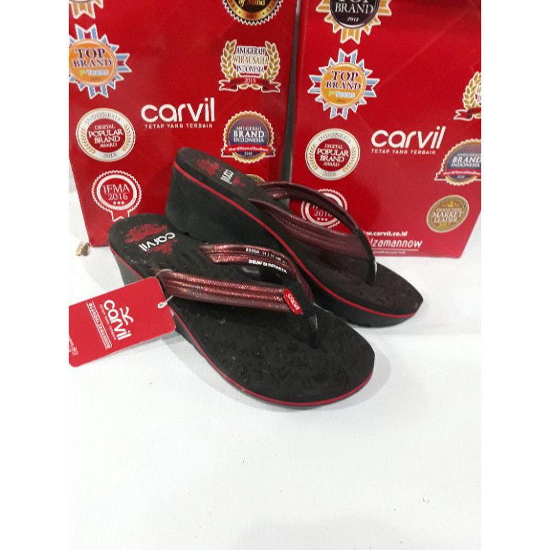sandal jepit spons tinggi wanita Carvil zucca marun original