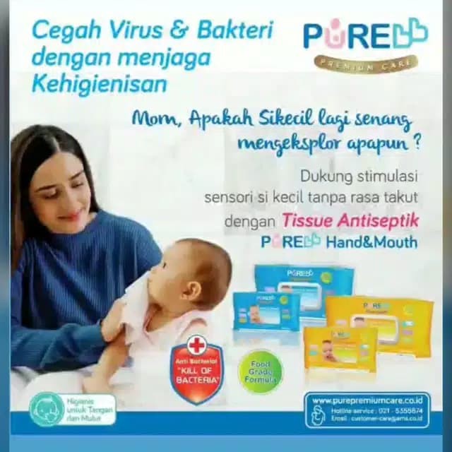 Pure BB Hand &amp; Mouth Wipes Orange Oil Pure Baby Aloe Vera isi 60 Tissue Bayi