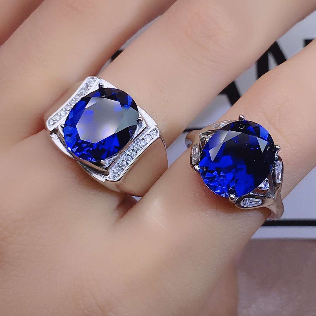 Cincin Pasangan Berlian Platinum Safir Pria Wanita Fashion Kristal Biru Couple Rings-2