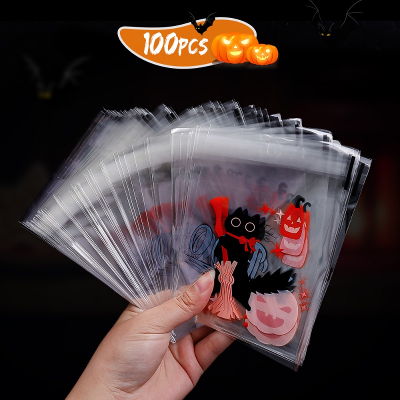 100pcs Kantong Plastik Permen / Kue / Snack Motif Halloween Untuk Dekorasi Pesta