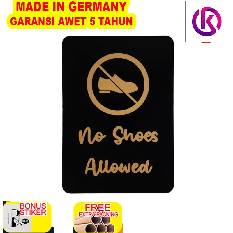

Grosir SIGNAGE AKRILIK TEMPEL - NO SHOES ALLOWED GOLD - Ukuran 17x12cm