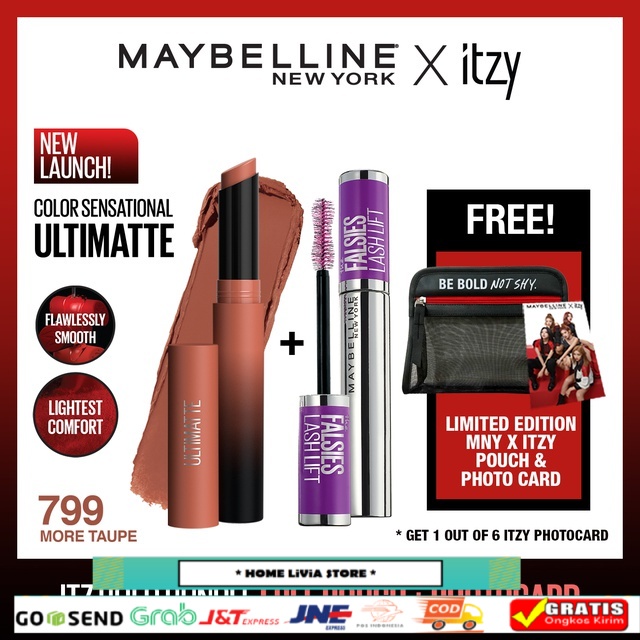 FREE ITZY POUCH! Maybelline Itz Bold Set 2(CS Ultimatte Lipstik 799 + Lash Lift Mascara) - Makeup